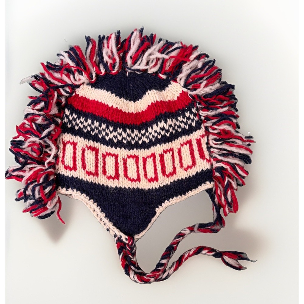 Handmade Patriotic USA Mohawk Knit Beanie With Lining And Side Ties Unisex